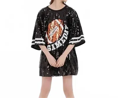 Main Strip Foot Ball Game Day Print Sequin Tunic Top In Black