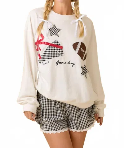 Main Strip Football Game Day Patchwork Long Sleeve Crewneck Top In White