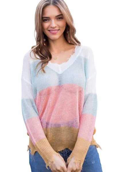 Main Strip Frayed Light Weight Sweater In Multi In White