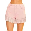 Main Strip Frayed Rhinestone Denim Shorts In Pink In Pink