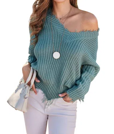 Main Strip Frayed V-neck Sweater In Mineral Blue In Multi