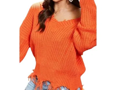 Main Strip Frayed V Neck Sweater In Orange