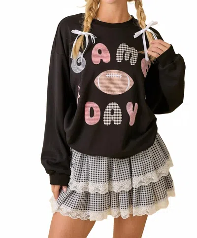 Main Strip Game Day Patchwork Long Sleeve Crewneck Top In Black