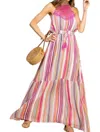 Main Strip Halter Neck Lace Front Maxi Dress In Pink In Pink