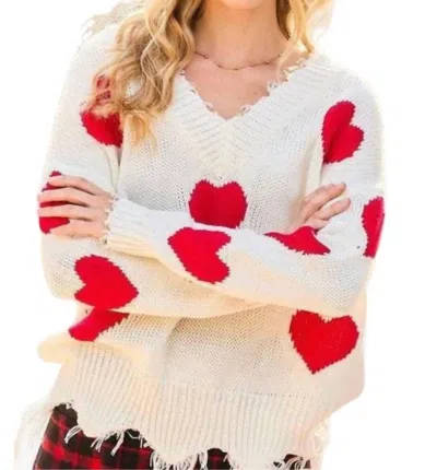 Main Strip Heart Distressed Sweater In Off White