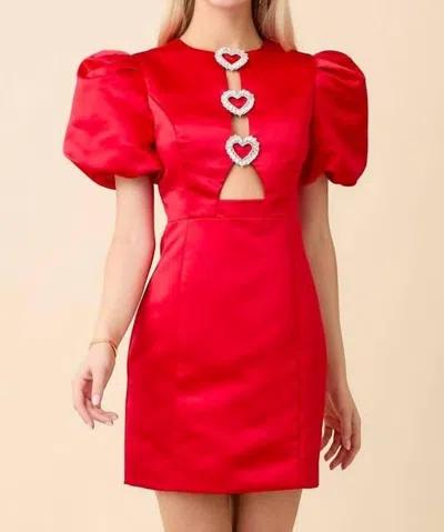 Main Strip Heart Rhinestone Puff Sleeve Dress In Red