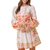 Main Strip Mock Neck Floral Border Print Mini Dress In Orange Floral In Multi