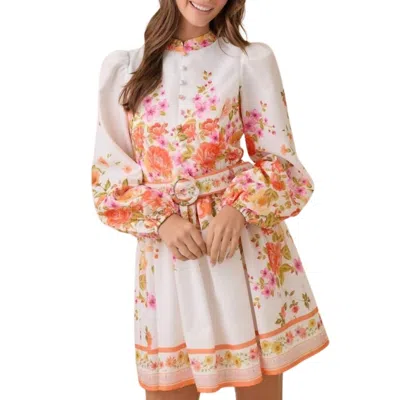 Main Strip Mock Neck Floral Border Print Mini Dress In Orange Floral In Multi