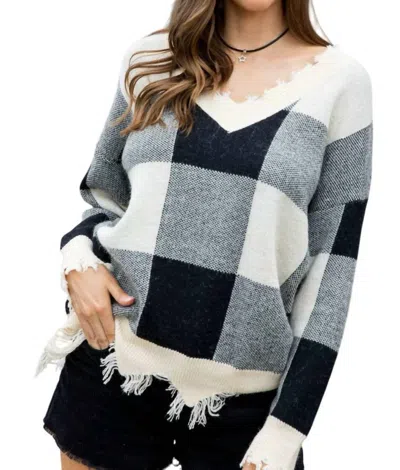 Main Strip Plaid Frayed Sweater In Multi In Gray