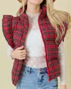 Main Strip Pretty Puffer Ruffled Vest In Red Plaid