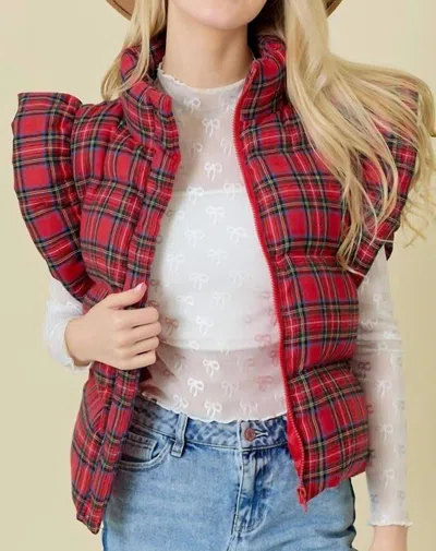 Main Strip Pretty Puffer Ruffled Vest In Red Plaid