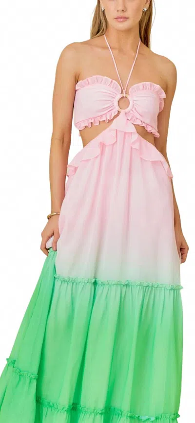 Main Strip Print Oring Ruffle Waist Cut Maxi Dress In Ombre In Multi