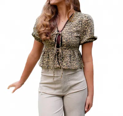 Main Strip Printed Denim V Neck Baby Doll Blouse In Leopard In Brown