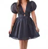 Main Strip Puff Sleeve With Bow Detail Mini Dress In Black In Blue
