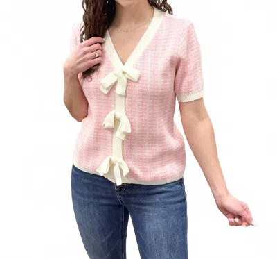 Main Strip Rhonda Short Sleeve Bow Cardigan In Pink In Multi