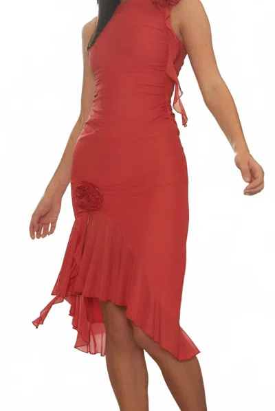 Main Strip Rosette Ruffle Midi Dress In Red In Transparent