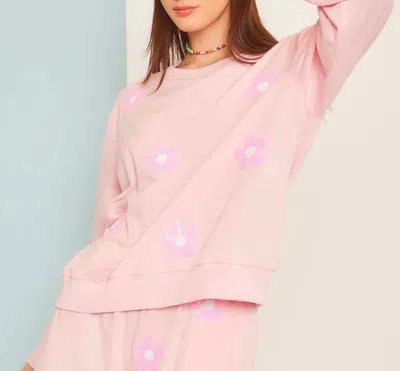 Main Strip Round Neck Flower Patch Sweatshirt In Pink In Multi