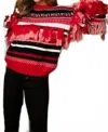 Main Strip Round Neck Fringe Sweater In Multi Colors In Red