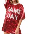 Main Strip Round Neck Sequin Game Day Letter Tunic Top In Red In Red