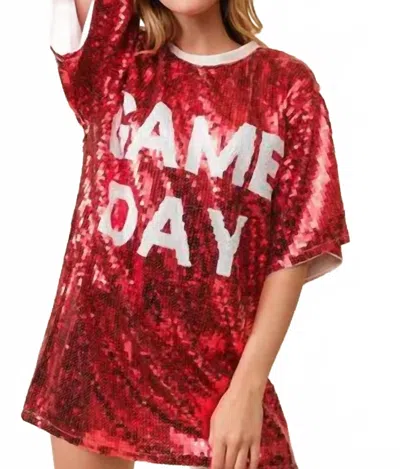 Main Strip Round Neck Sequin Game Day Letter Tunic Top In Red
