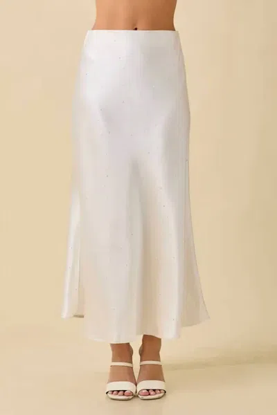 Main Strip Satin Maxi Skirt With Rhinestone In White