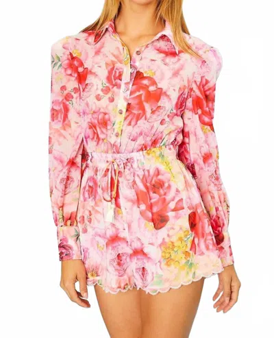Main Strip Scallop Hem Floral Print Romper In Pink Floral In White