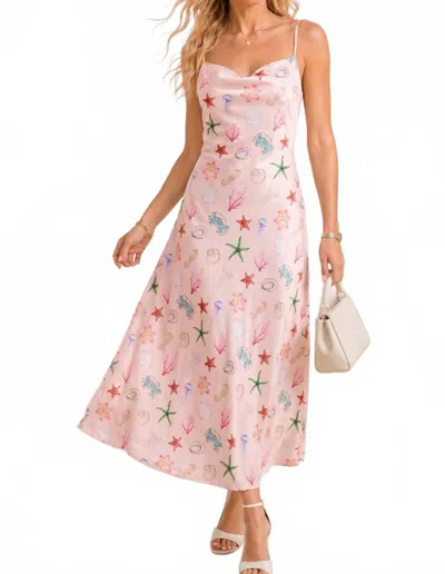 Main Strip Seashell Coastal Print Slip Midi Dress In Blush In Gold
