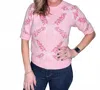 Main Strip Short Sleeve Sweater Knit Top With Floral Ribbon Print In Pink In Pink