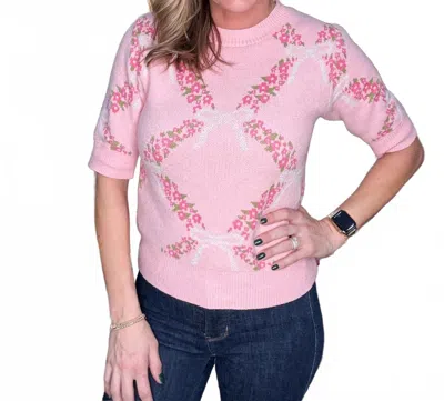 Main Strip Short Sleeve Sweater Knit Top With Floral Ribbon Print In Pink