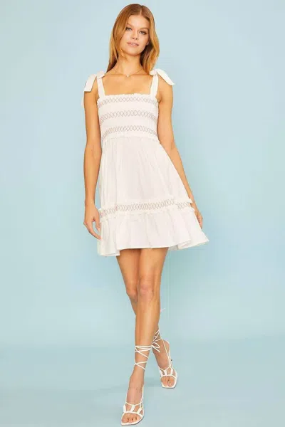 Main Strip Shoulder Tie Top Smocking Shirring Mini Dress In White
