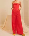 Main Strip Side Slit Strapless Jumpsuit In Red