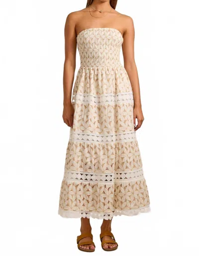 Main Strip Smocked Eyelet Midi Dress In Natural In White