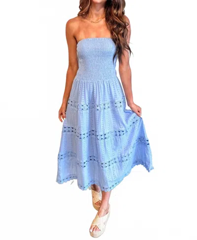 Main Strip Tube Smocking Lace Boarder Midi Dress In Blue In Black