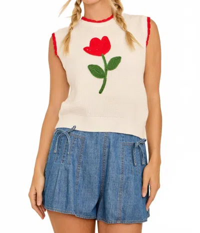 Main Strip Tullip Embroidered Contrast Knit Top In White/red In Multi