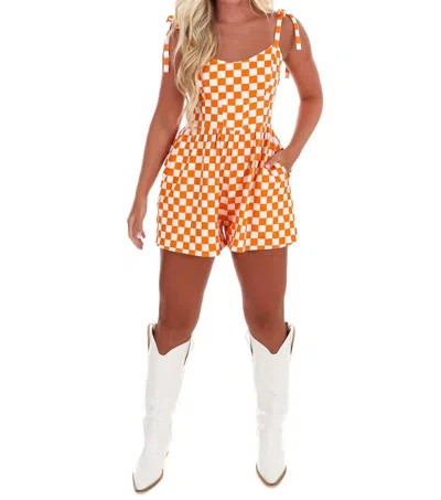 Main Strip Undefeated Check Denim Romper In Orange