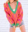 Main Strip V-neck Checkered Sweater In Pink And Orange In Multi