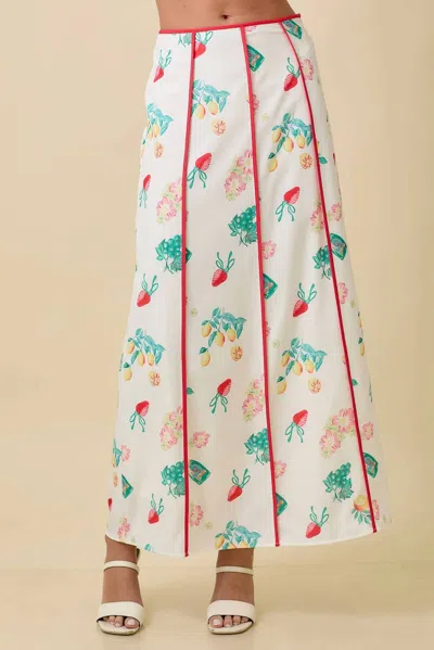 Main Strip Vintage Fruit Print Midi Skirt In Ivory Multi In White