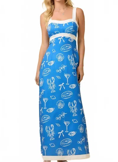 Main Strip Vintage Print All Over Summer Maxi Dress With Contrast Strap In Blue/white