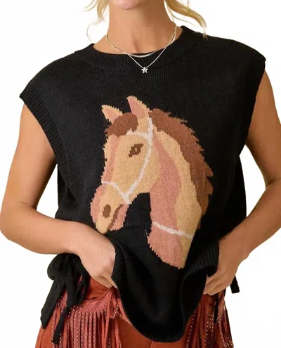 Main Strip Western Horse Sleeveless Sweater Knit Top In Black