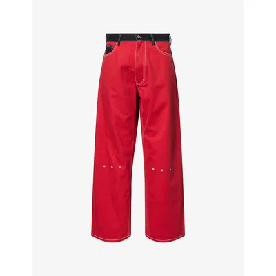 Mains Mens Embroidered-eyelet Wide-leg Denim Jeans In Red