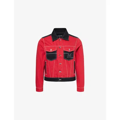 Mains Mens Red Logo Contrast-stitch Denim Jacket