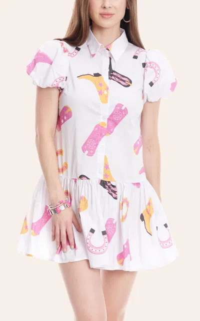 Mainstrip Women's White & Fun Colorful Boot Print Short Puff Sleeve Dress In Multi