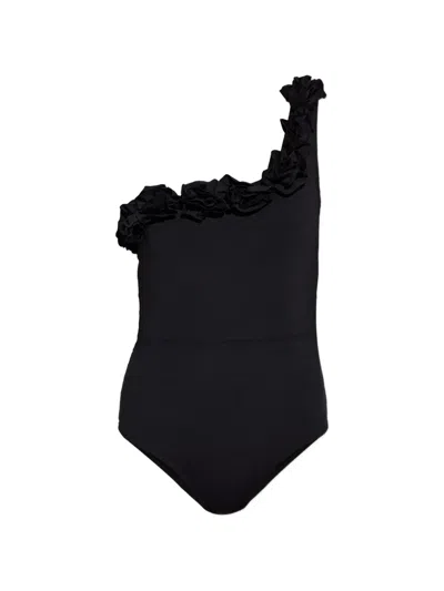 Maio Paris Cosmos Ruffle-trim One-shoulder Swimsuit In Black