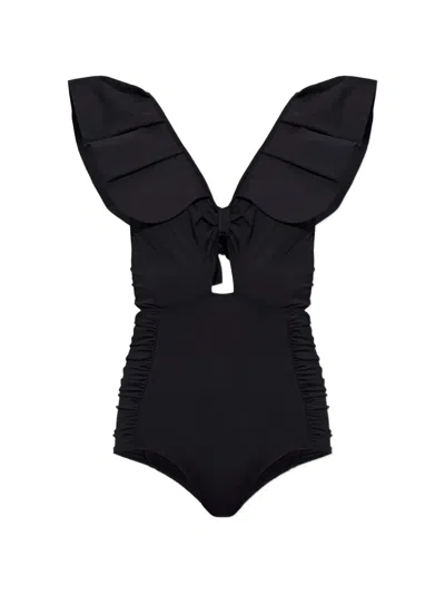 Maio Paris Montaigne Ruffled Cut-out Swimsuit In Black