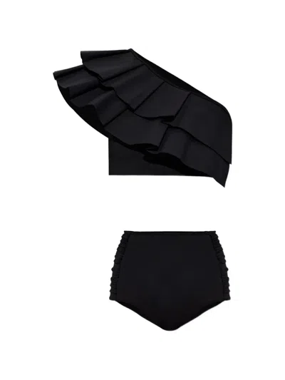Maio Paris Orsay Ruffled One-shoulder Bikini In Black