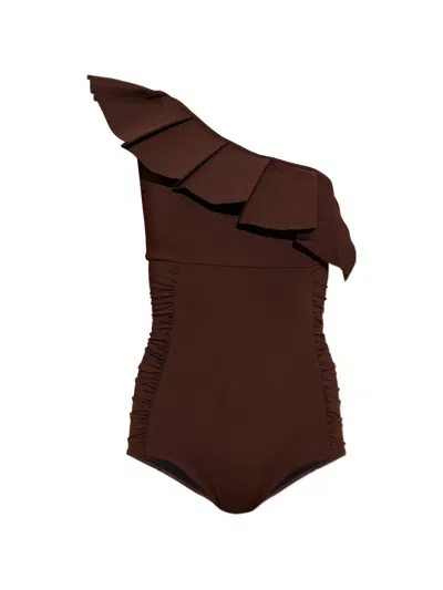 Maio Paris Orsay Ruffled One-shoulder Swimsuit In Brown