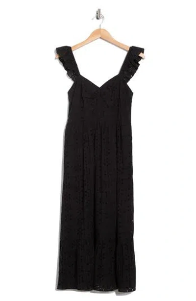 Maisie Embroidered Eyelet Ruffle Strap Cotton Midi Dress