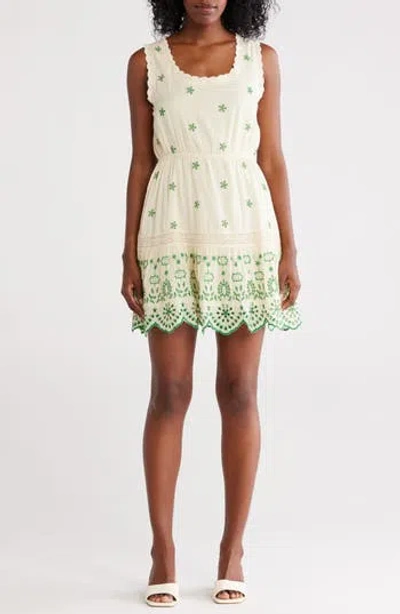 Maisie Embroidered Eyelet Sleeveless Cotton Minidress In Green