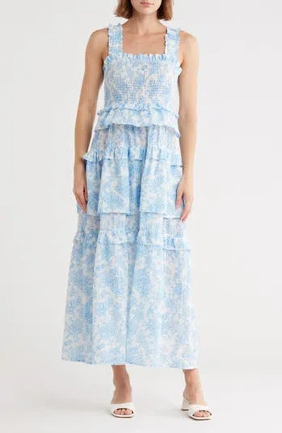 Maisie Floral Smocked Ruffle Cotton Maxi Dress In Blue