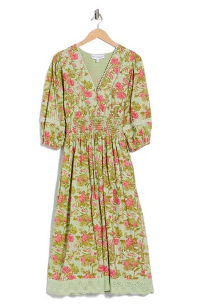 Maisie Floral Smocked Waist Midi Dress In Green